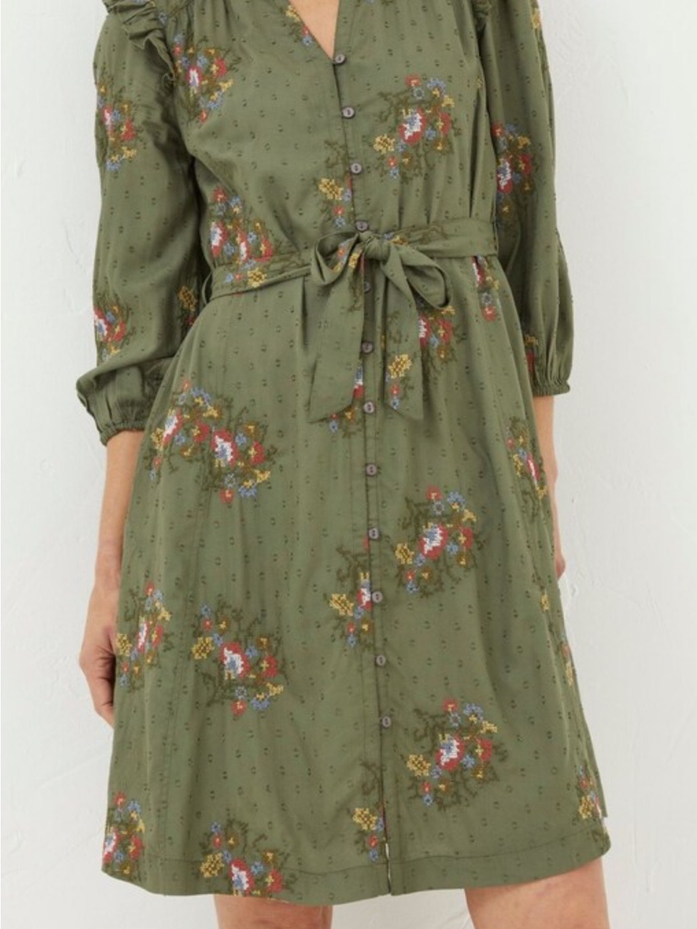 Fat face Olive Green embroidered Floral Midi Dress, belt missing